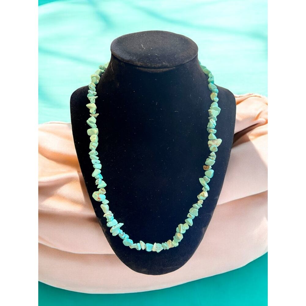 Turquoise Blue Howlite Chip Necklace-21''-Silver Tone Clasp-Boho-Southwest-Beach
